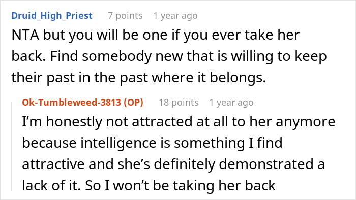 Text conversation discussing breakup, ex-girlfriend returns to her previous partner; comments about moving on and intelligence.