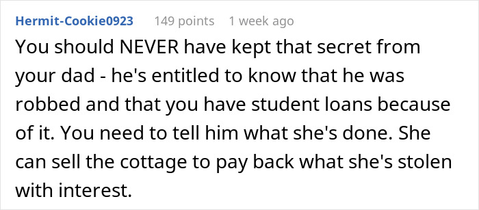Comment about mom asking son for cash after stealing college fund, advising to reveal truth and repay loan with interest.