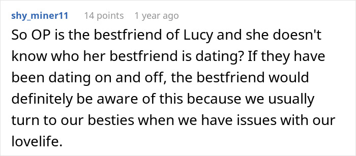 Comment discussing a situation where a bride's best friend is unaware of her dating status.
