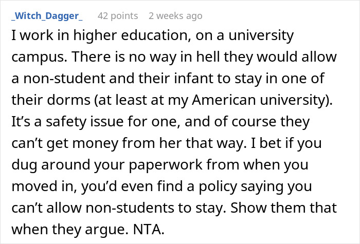 Text discussing dorm room rules about non-students, mentioning it's a safety issue and referencing paperwork against non-student stays.
