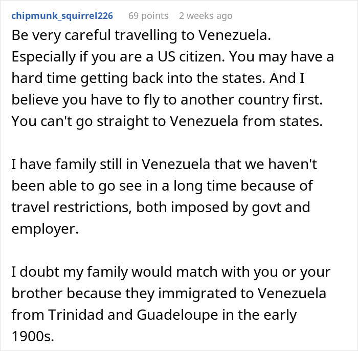 Discussion about travel challenges to Venezuela due to family DNA results.