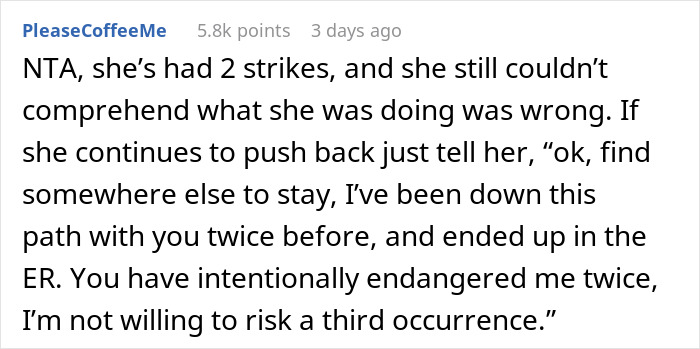 Reddit comment discussing risks and boundaries regarding hosting guests, mentioning previous dangerous situations.