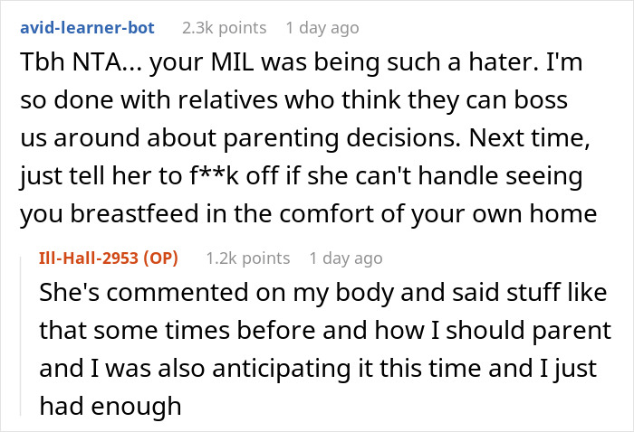 Discussion about breastfeeding in front of MIL after rude remarks on parenting.