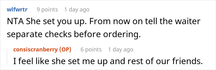 Comments discussing a restaurant bill split dilemma among friends. Comments discussing a restaurant bill split dilemma among friends.
