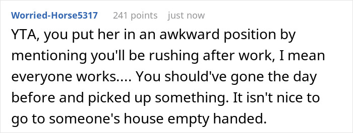 Comment criticizing arriving empty-handed to a potluck, emphasizing the importance of bringing something.