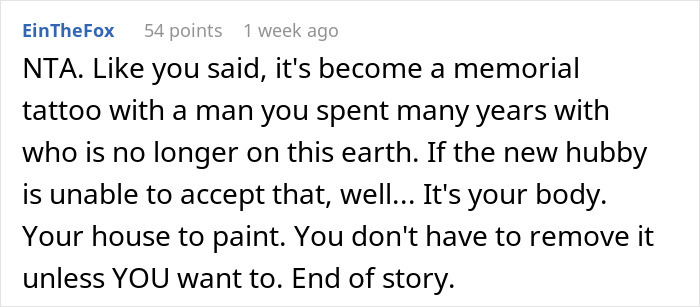 Comment on a tattoo as a memorial, discussing acceptance and personal choice.