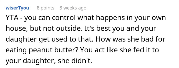 Commenter responding to a grandma threatening granddaughter&rsquo;s life over nuts, explaining control limits and peanut butter concerns.