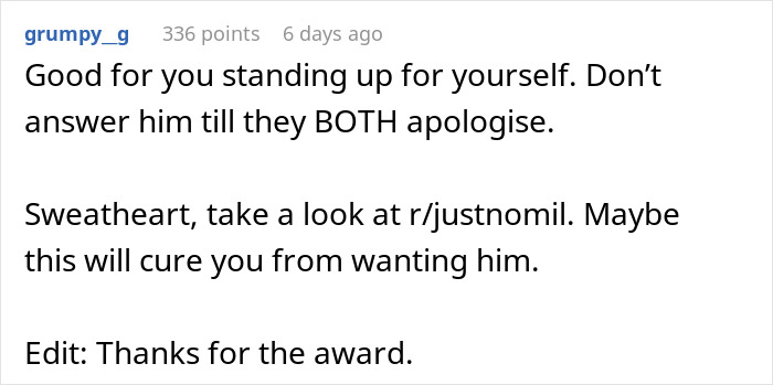 Reddit comment praising someone for standing up for themselves after couple breaks up due to mom stealing girlfriend&rsquo;s seat.