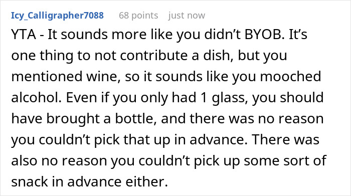 Online comment discussing potluck etiquette and bringing items like wine and snacks as a guest.