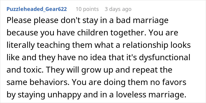 Comment on staying in a bad marriage for children, discussing relationships and dysfunctional behaviors.