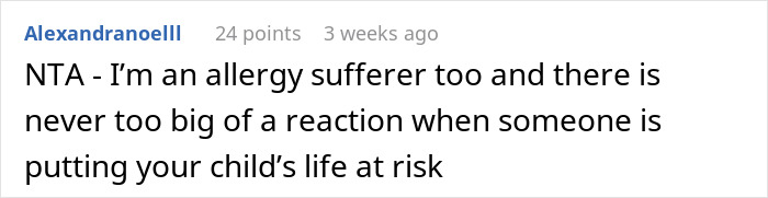 Comment discussing allergy risks and threatening granddaughter&rsquo;s life over nuts, highlighting a serious family reality check.