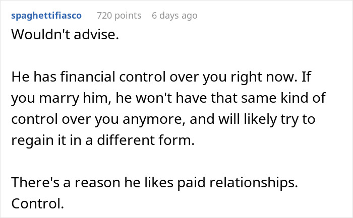 Reddit comment discussing concerns about a sugar daddy's control in a marriage proposal context.