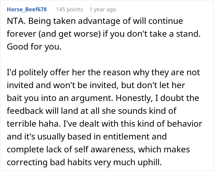 Comment advising a woman on handling her entitled sister about Easter vacation invitations.