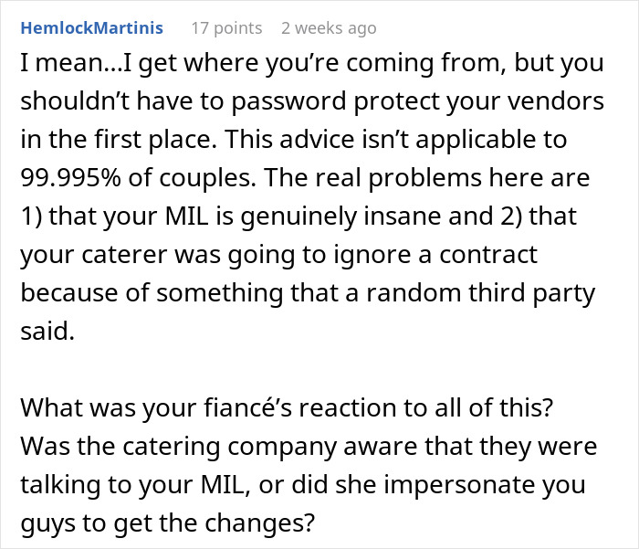 Comment discussing the need to password protect wedding vendors due to MIL interference.