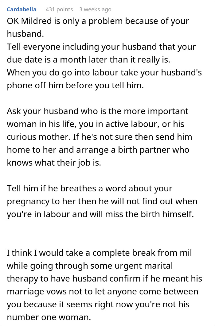 Text advice on handling overbearing MIL during pregnancy, emphasizing husband's attention to wife.