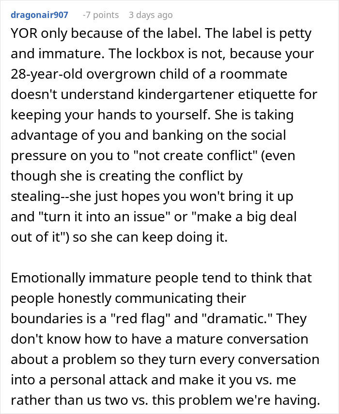 Text describing a roommate stealing cheese and a lockbox in the fridge to prevent it.