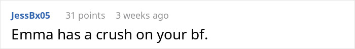 Comment by user JessBx05 stating, "Emma has a crush on your bf." Wedding discussion context implied.