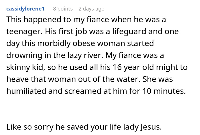 Comment describing a lifeguard&rsquo;s rescue of a drowning woman and her reaction hurting his fragile male ego.