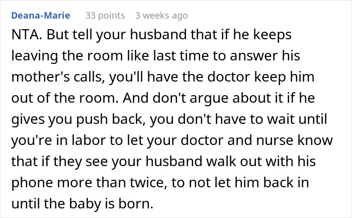 Comment discussing pregnancy news and husband attention over mother-in-law calls.