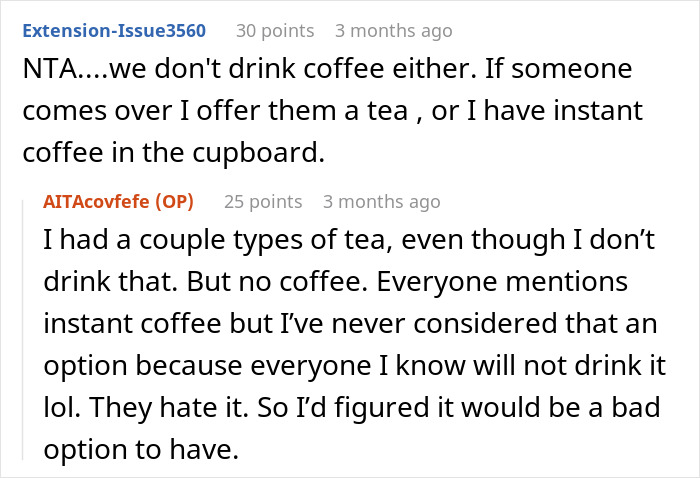 Reddit users discuss alternatives to coffee, mentioning tea and instant coffee options.