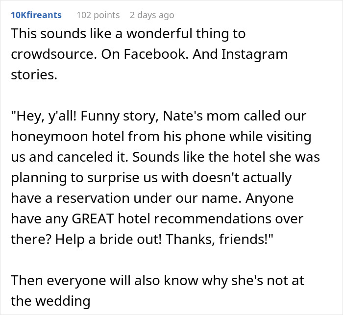 Text message about MIL canceling honeymoon hotel reservation, seeking new recommendations.