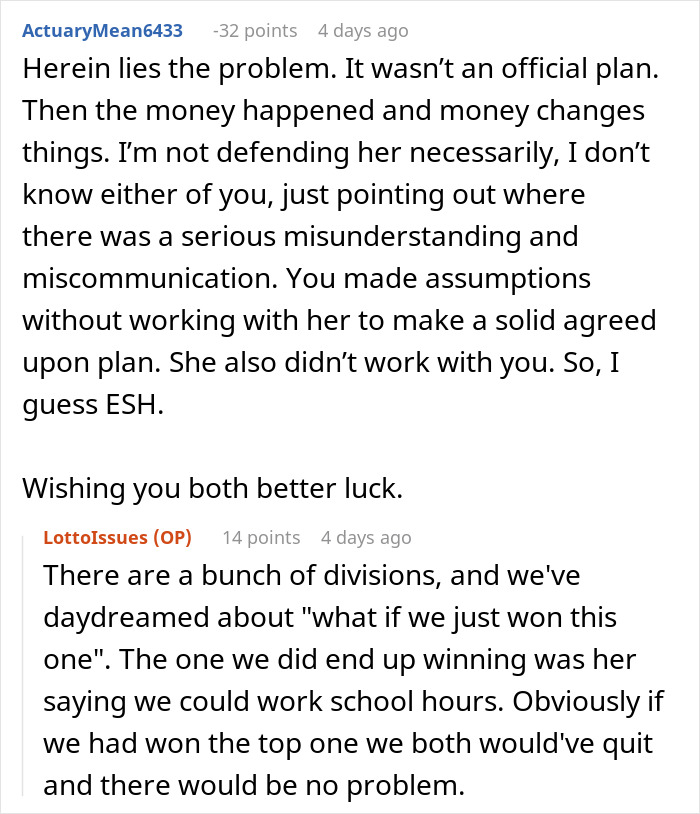 Reddit comments discussing lottery winnings and relationship conflicts, with users sharing opinions and advice.