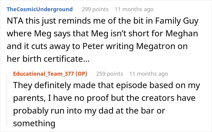 Reddit comments about name change, referencing a Family Guy episode.
