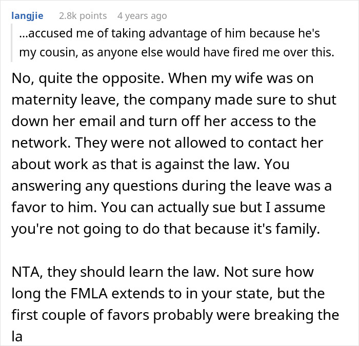 A text exchange discussing legal issues related to a woman on maternity leave not answering work calls. A text exchange discussing legal issues related to a woman on maternity leave not answering work calls.