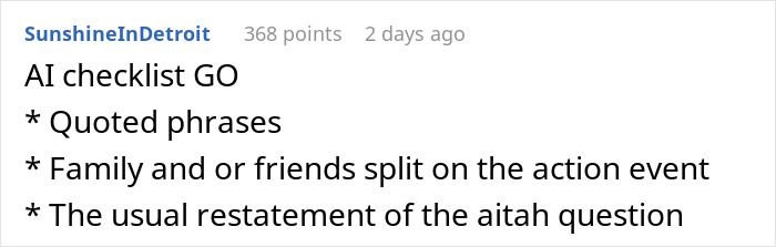 Reddit comment discussing AI checklist related to a post about a fiance, daughter, and gold digger theme.