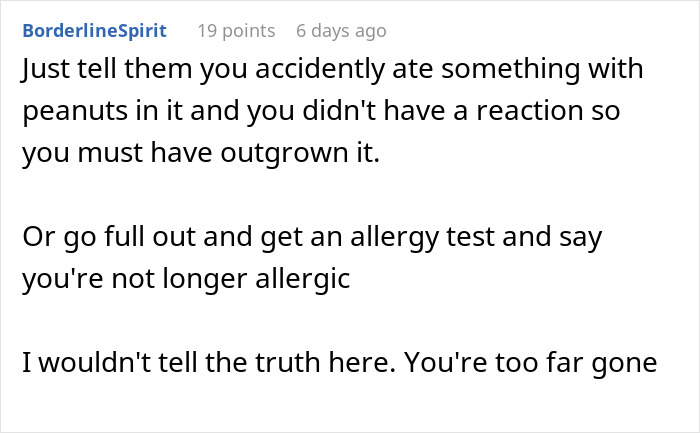 Reddit comment about faking an allergy, suggesting a plan to explain it away or avoid telling the truth.