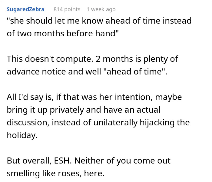 Screenshot of a user commenting on shutting down sister after trying to change tradition in a family discussion. Screenshot of a user commenting on shutting down sister after trying to change tradition in a family discussion.