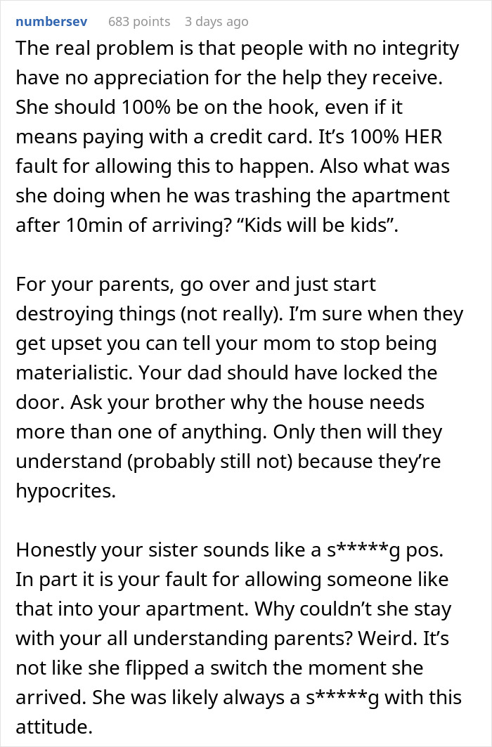 Text post discussing family drama and $2,000 damages after hosting sister and nephew.