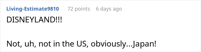 Comment about visiting Disneyland in Japan, related to good credit score and travel plans.