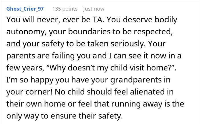 Online comment on harassment, discussing respect and autonomy for a teen choosing to run away for safety.