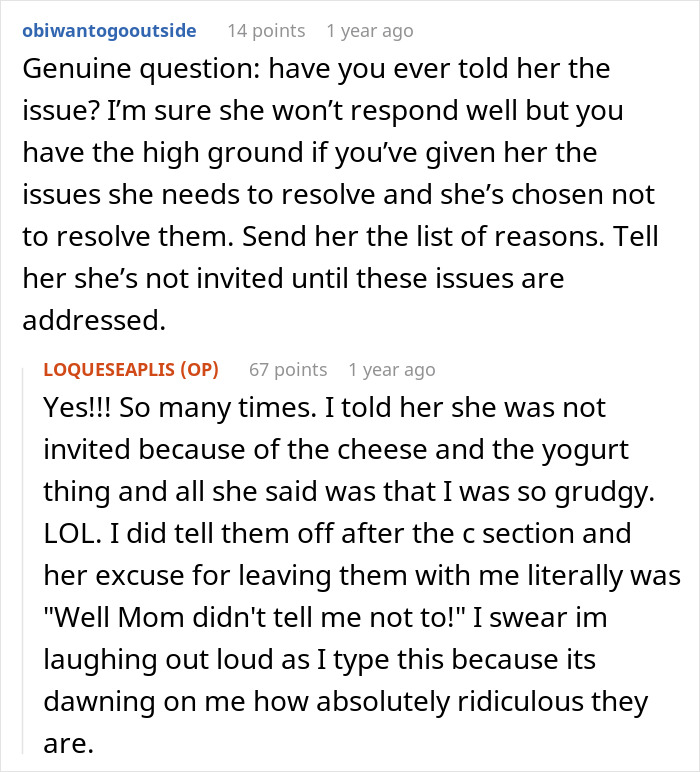 Reddit conversation discussing a woman's decision not to invite her entitled sister to Easter vacation.