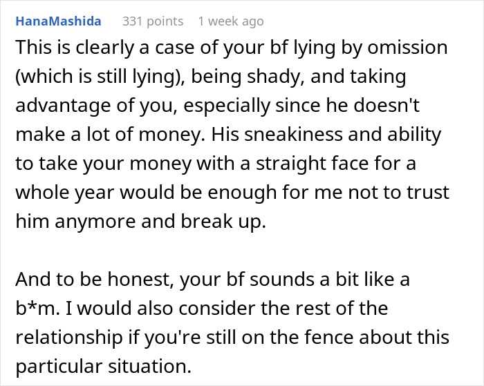 Comment highlights deceitful rent money fraud by boyfriend. Comment highlights deceitful rent money fraud by boyfriend.