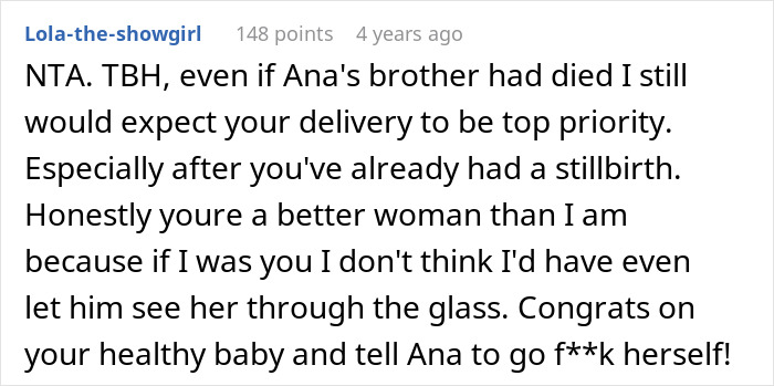 Comment screenshot discussing husband's choice of female friend over child birth.