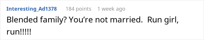 User comment criticizing the idea of a blended family, advising someone to leave.