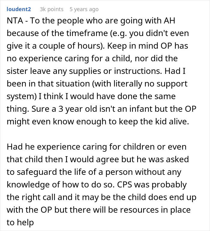 Reddit comment discussing turning to Child Services for help with no experience caring for a child.