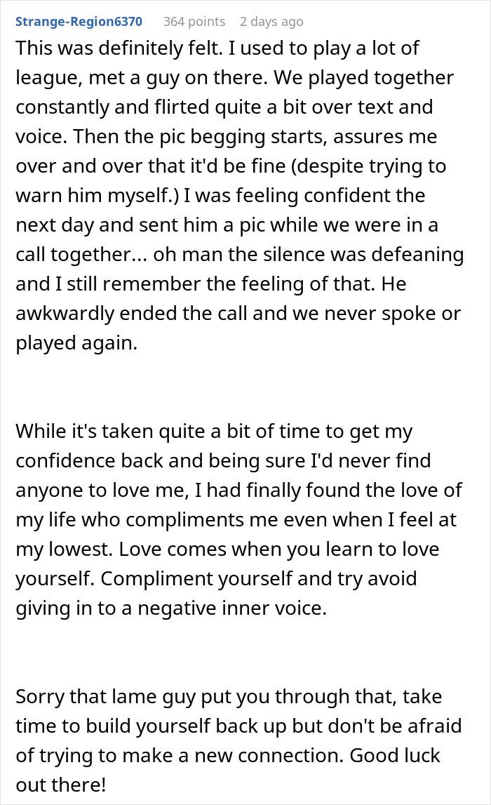 Text screenshot of a woman's vent about being rejected by a self-described ugly man due to his standards. Text screenshot of a woman's vent about being rejected by a self-described ugly man due to his standards.