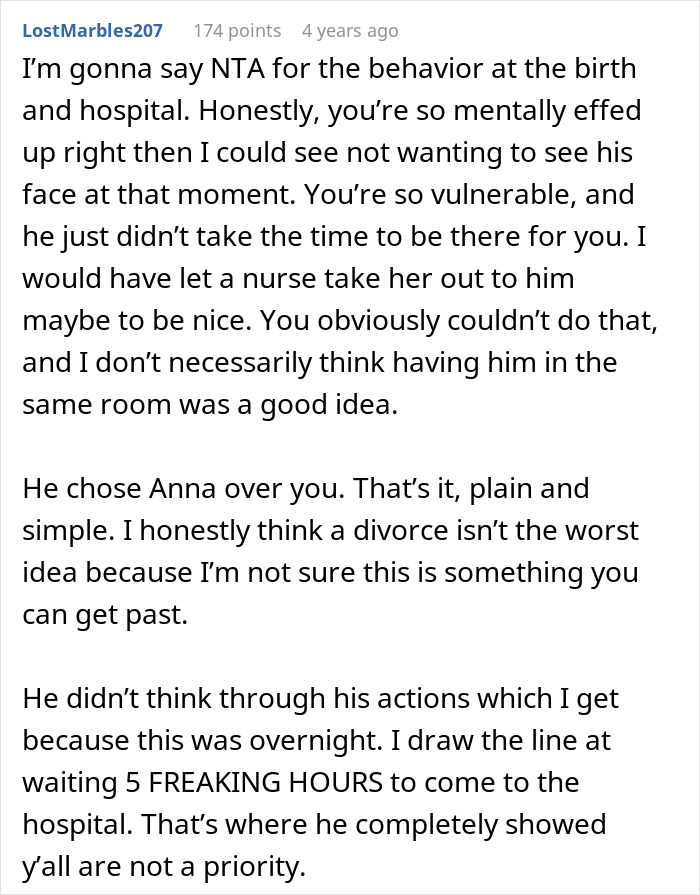 Reddit comment discussing a husband's choice of his female best friend over attending the birth of his child.