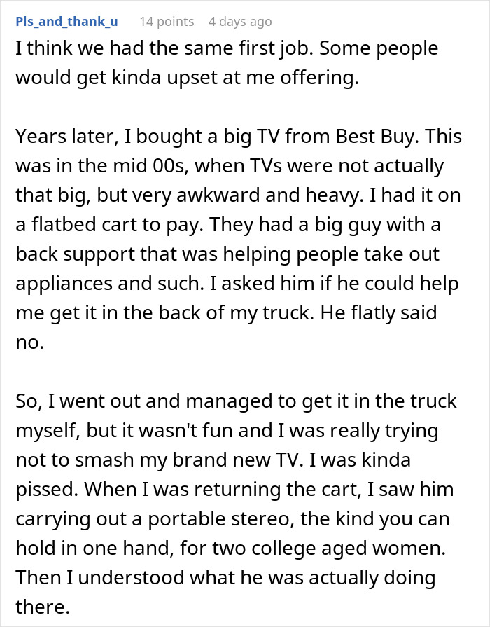 Text recounting a story about a grocery store employee, policy adherence, and a surprising manager reaction. Text recounting a story about a grocery store employee, policy adherence, and a surprising manager reaction.