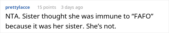 Comment on Reddit discussing sister relations and consequences.