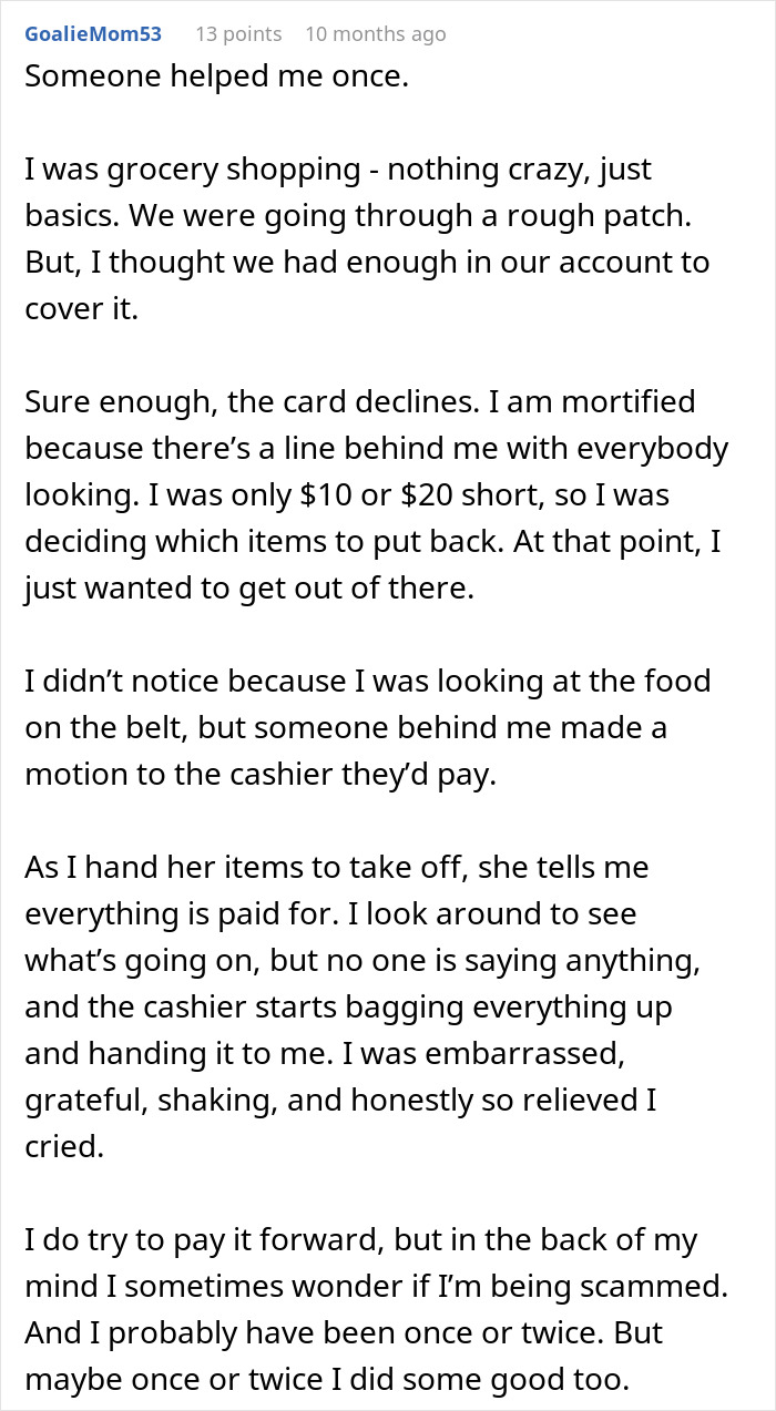 Man asking stranger to pay for groceries, then loading up his cart with essentials at the checkout in a store.