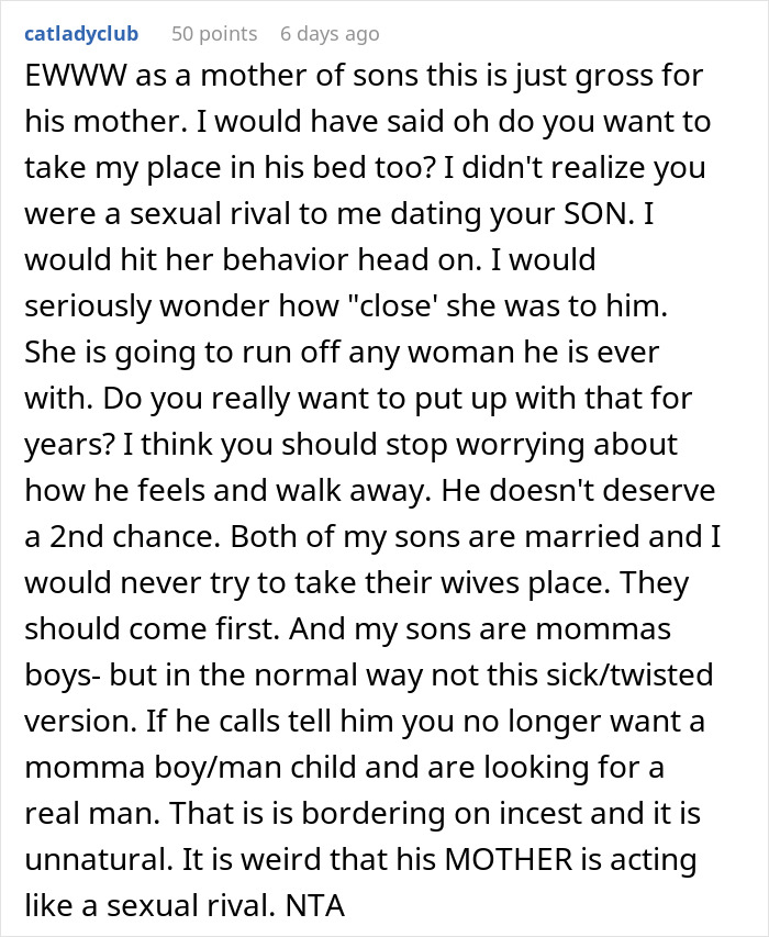Comment criticizing mom&rsquo;s behavior after mom jokingly steals girlfriend&rsquo;s seat, leading to couple breakup.