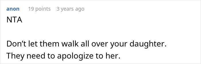 Comment reading "NTA" with text urging people to apologize to the birthday girl.