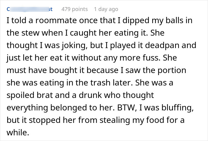 Text about a man setting a trap to stop a roommate from stealing food. 