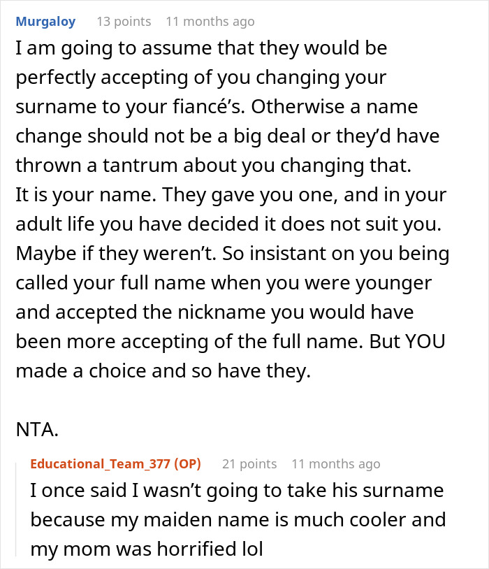 Reddit comments discussing secrecy around name change and reactions from others.