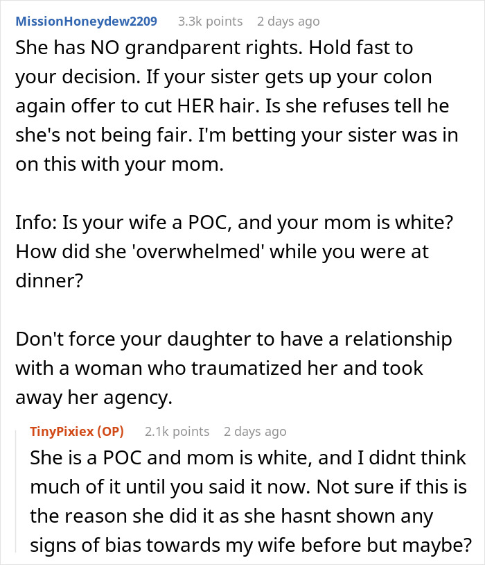 Discussion on unauthorized haircut leads to MIL banned from babysitting; comments on rights and bias.