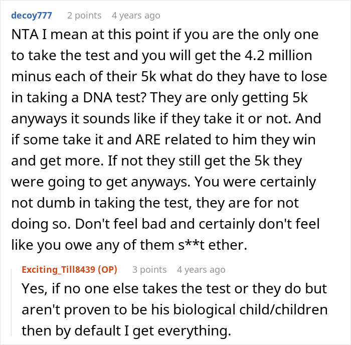 Reddit comment thread discussing a will, DNA tests, and inheritance decisions involving a grandpa. Reddit comment thread discussing a will, DNA tests, and inheritance decisions involving a grandpa.